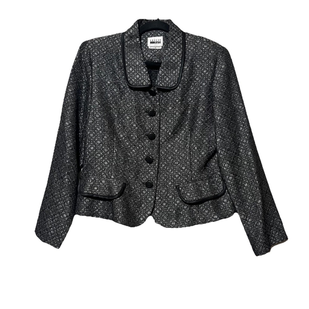 Leslie Fay Jacket Womens Silver Black Metallic Jacquard Button Up Blazer Size 12
